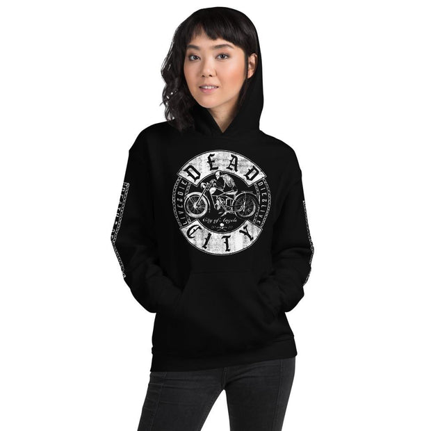 los-angeles-death-and-seduction-goth-streetwear-punk-rock-skulls-skeleton-cafe-racer-vintage-harley-davidson-indian-motocycle-dead-city-chains-Apparel & Accessories > Clothing (1604) - Dead City Unisex Hoodie