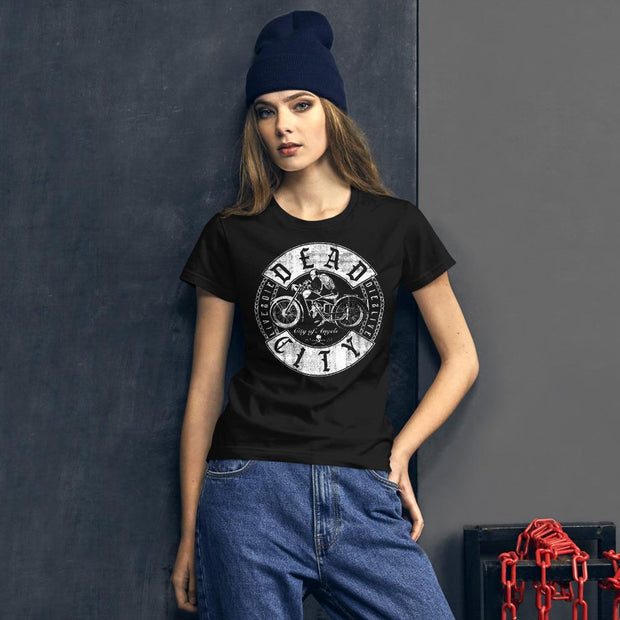 los-angeles-death-and-seduction-goth-streetwear-punk-rock-skulls-skeleton-cafe-racer-vintage-harley-davidson-indian-motocycle-dead-city-chains-Apparel & Accessories > Clothing (1604) - Dead City Women's Short Sleeve T-shirt