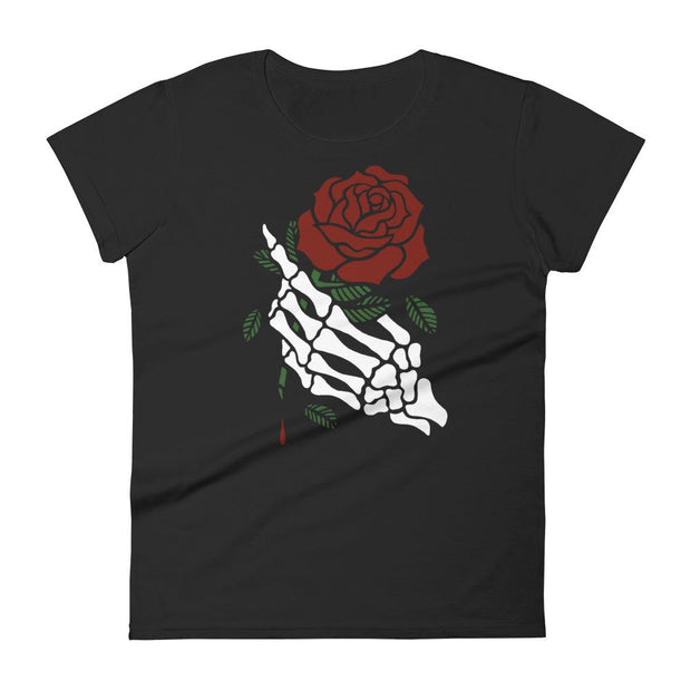 los-angeles-death-and-seduction-goth-streetwear-punk-rock-skulls-skeleton-holding-rose-Apparel & Accessories > Clothing (1604) - Beautiful Death Hand Rose | Women's Short Sleeve T-shirt